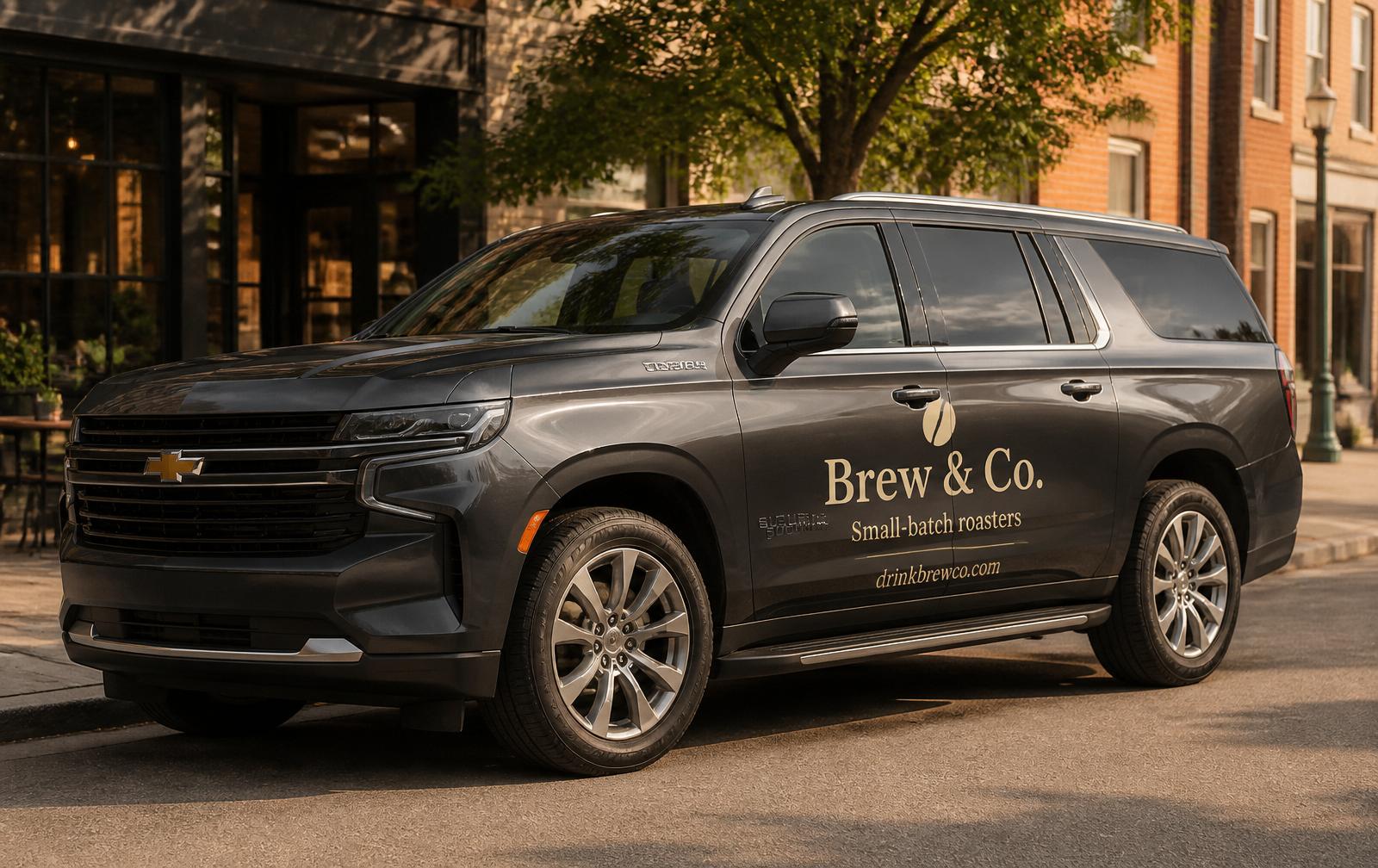 A cream minivan with a Brew & Co. small-batch coffee ad wrapped across the driver-side doors, parked in front of a small-town cafe