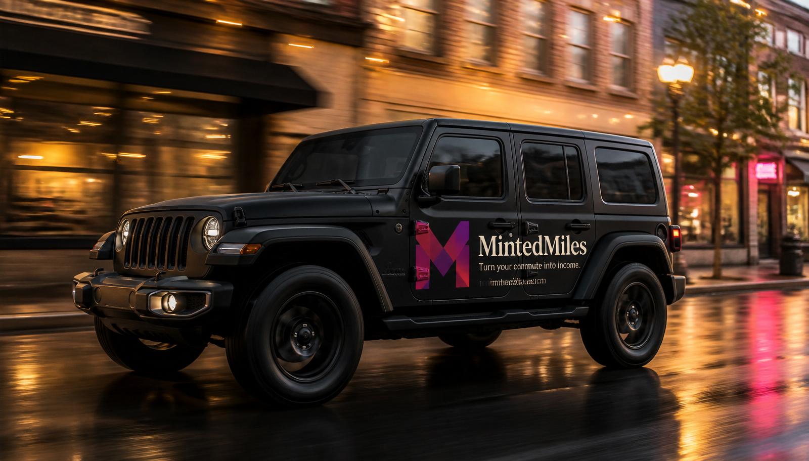 A matte black Jeep with a MintedMiles wrap driving down a downtown street at dusk with motion blur, showing a live earnings counter