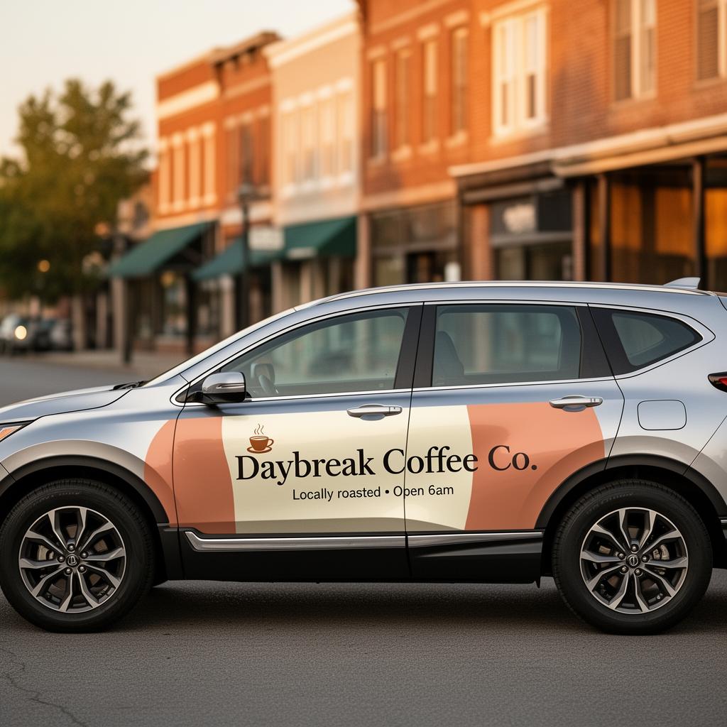 Door Wrap example — Daybreak Coffee Co. branded vehicle
